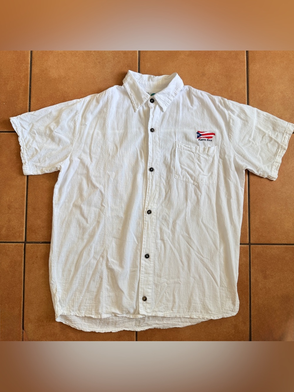 Puerto Rico Flag Guayabera Shirt White Cotton Shirt Men’s Size Small